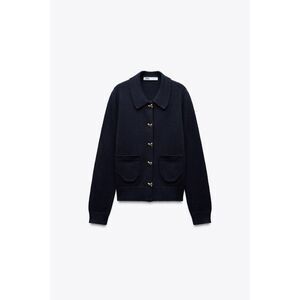 Navy Blue Zara Bow-Button Front Round Neck Long Sleeve Cardigan Sweater (NWT)